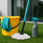 Cleaning equipment including a mop, gloves, and spray bottle on artificial grass