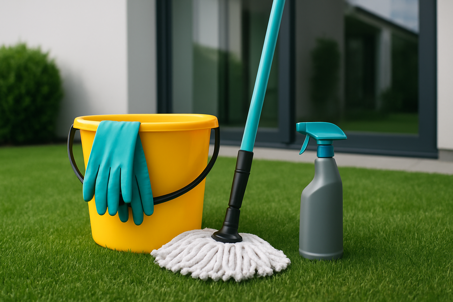 Cleaning equipment including a mop, gloves, and spray bottle on artificial grass