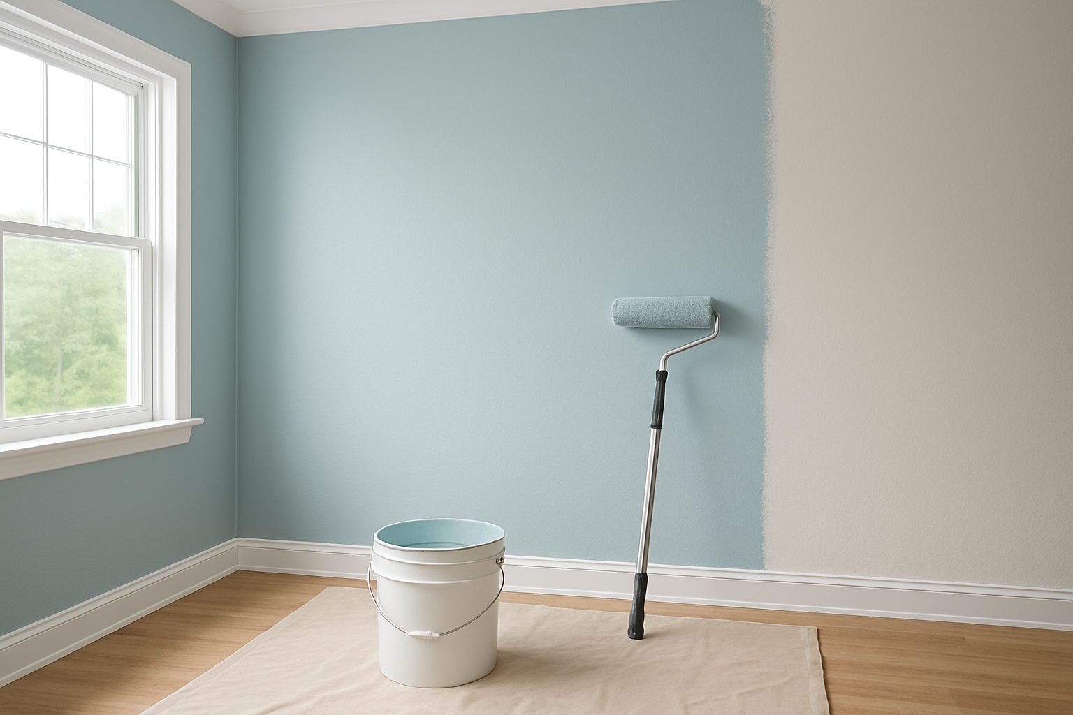 Interior of a room with blue and beige walls, a paint roller, and a bucket of paint