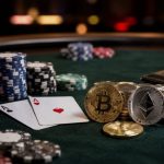 Casino table with poker chips, playing cards, and various cryptocurrencies including Bitcoin, Ethereum, and Litecoin
